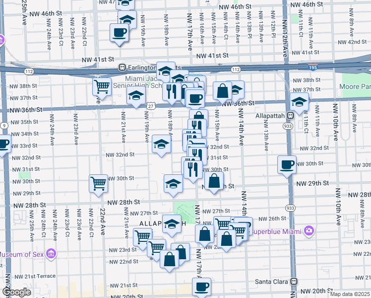 map of restaurants, bars, coffee shops, grocery stores, and more near 1735 Northwest 32nd Street in Miami