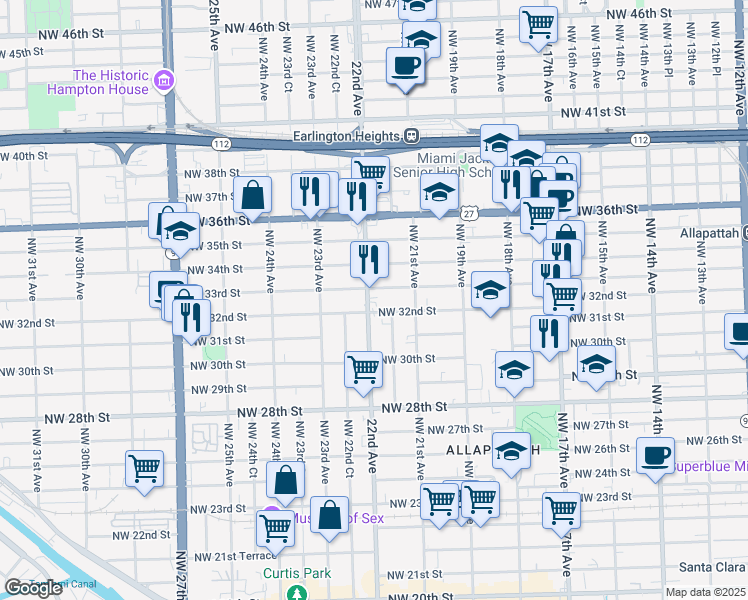 map of restaurants, bars, coffee shops, grocery stores, and more near 3235 Northwest 22nd Avenue in Miami