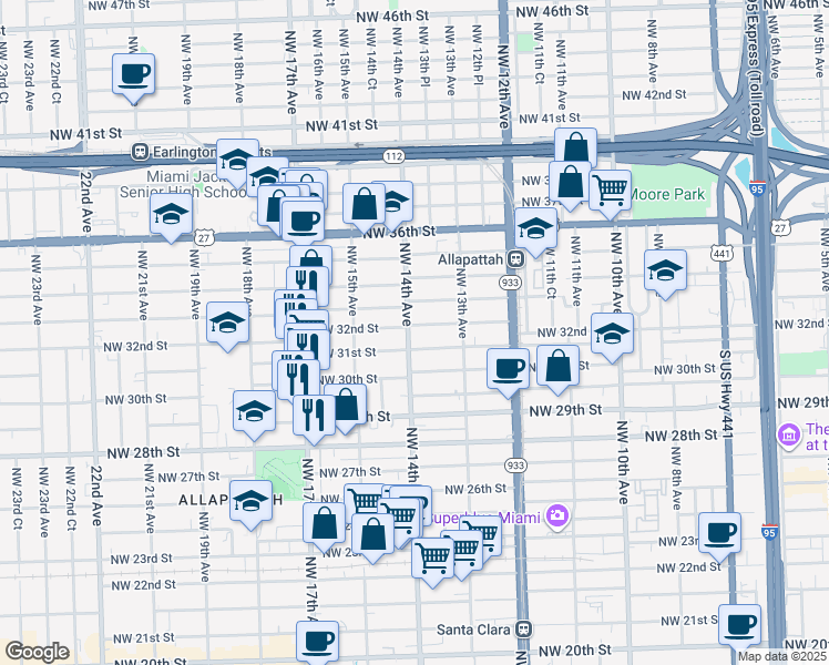 map of restaurants, bars, coffee shops, grocery stores, and more near 3118 Northwest 14th Avenue in Miami