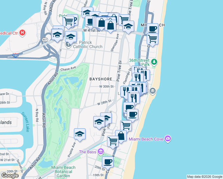 map of restaurants, bars, coffee shops, grocery stores, and more near 2905 Sheridan Avenue in Miami Beach