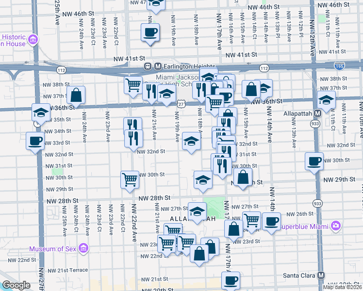 map of restaurants, bars, coffee shops, grocery stores, and more near 1885 Northwest 32nd Street in Miami