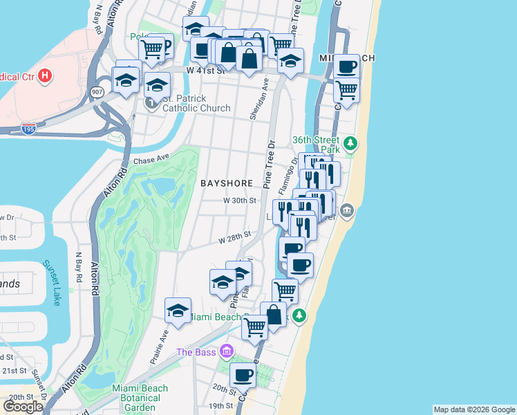 map of restaurants, bars, coffee shops, grocery stores, and more near 2905 Sheridan Avenue in Miami Beach