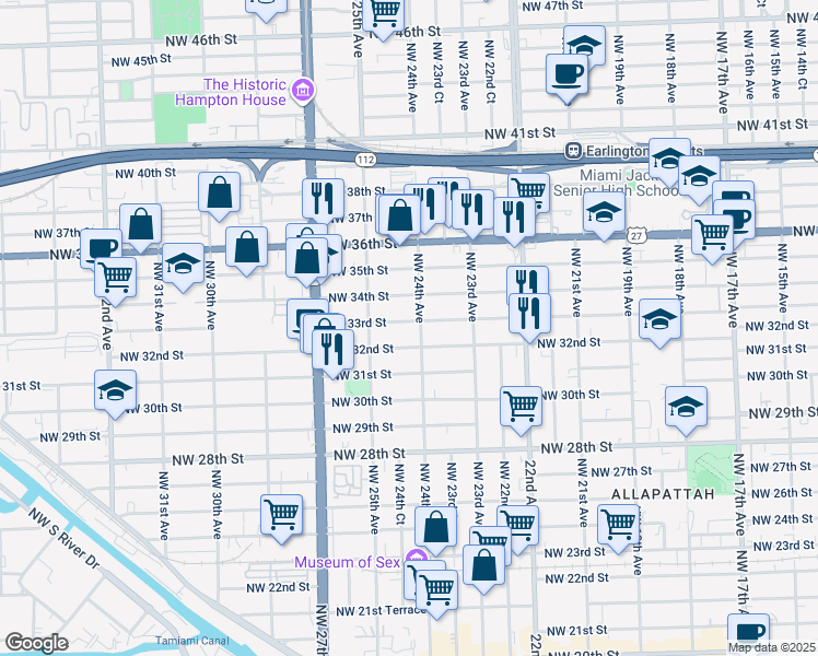 map of restaurants, bars, coffee shops, grocery stores, and more near 2420 Northwest 33rd Street in Miami