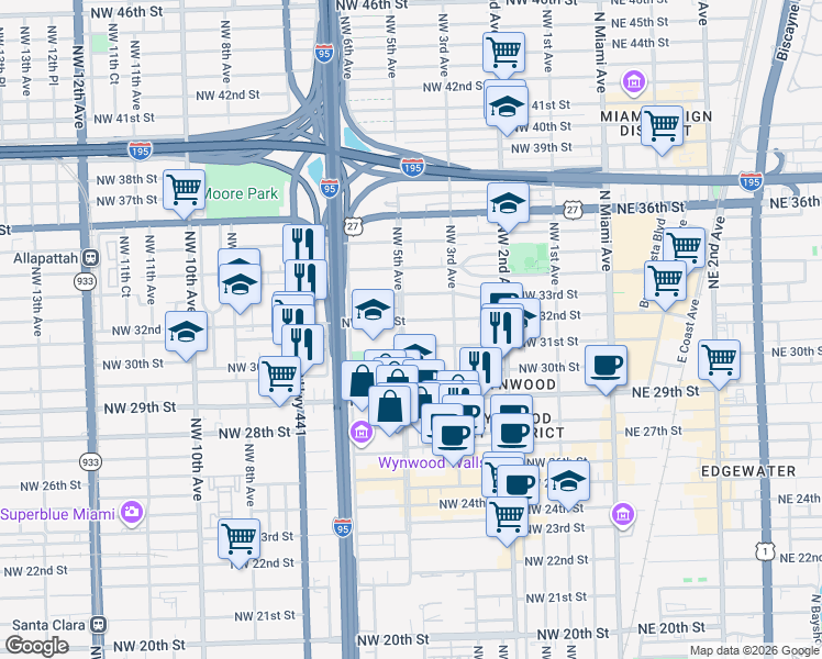 map of restaurants, bars, coffee shops, grocery stores, and more near 3100 Northwest 5 Avenue in Miami