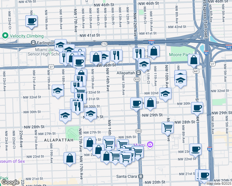 map of restaurants, bars, coffee shops, grocery stores, and more near 1344 Northwest 32nd Street in Miami
