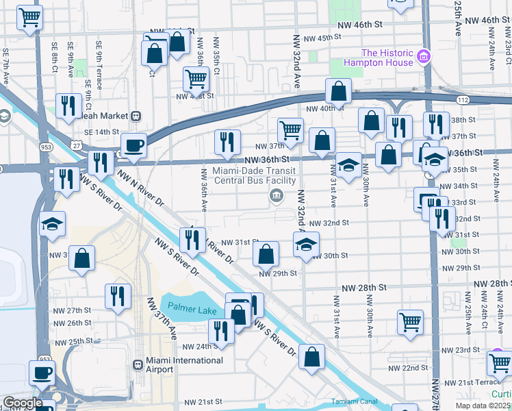 map of restaurants, bars, coffee shops, grocery stores, and more near 3359 Northwest 33rd Street in Miami