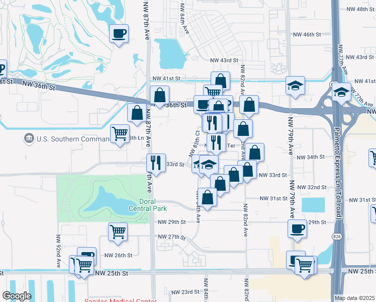 map of restaurants, bars, coffee shops, grocery stores, and more near 3450 Northwest 85th Court in Doral