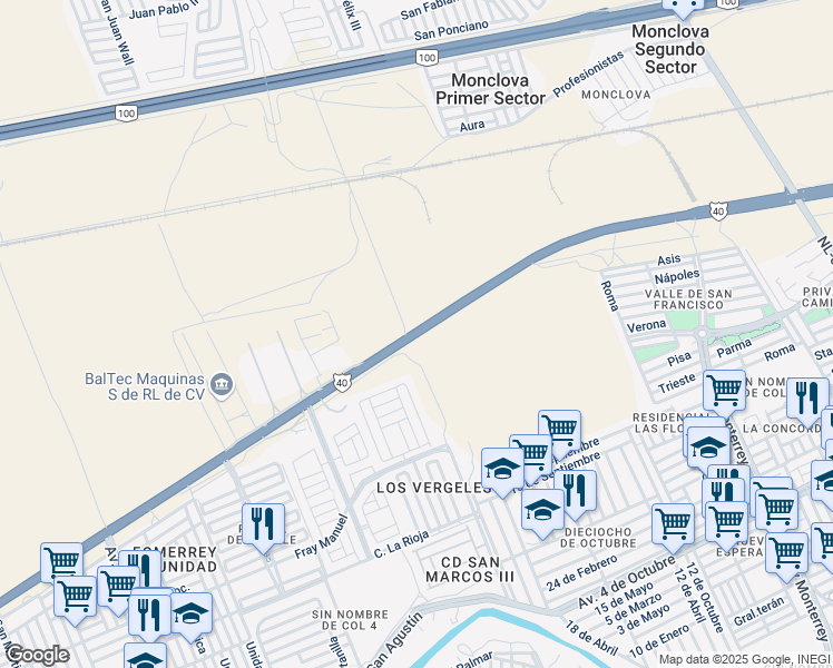 map of restaurants, bars, coffee shops, grocery stores, and more near Libramiento Noreste in Ciudad General Escobedo