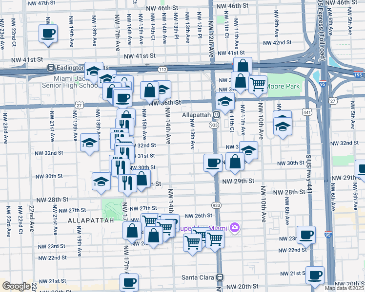 map of restaurants, bars, coffee shops, grocery stores, and more near 1344 Northwest 32nd Street in Miami