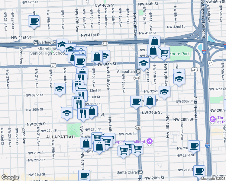 map of restaurants, bars, coffee shops, grocery stores, and more near 1344 Northwest 32nd Street in Miami