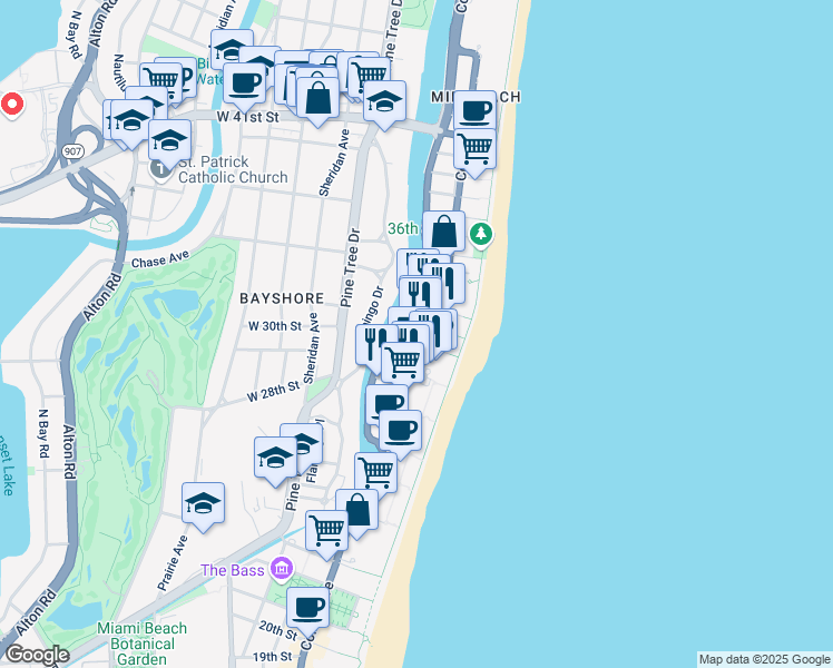 map of restaurants, bars, coffee shops, grocery stores, and more near 232 30th Street in Miami Beach