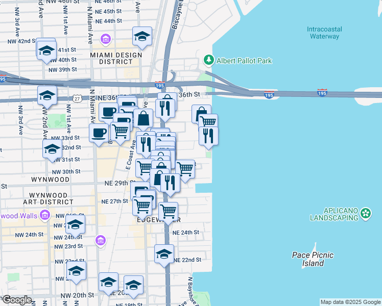 map of restaurants, bars, coffee shops, grocery stores, and more near 480 Northeast 31st Street in Miami