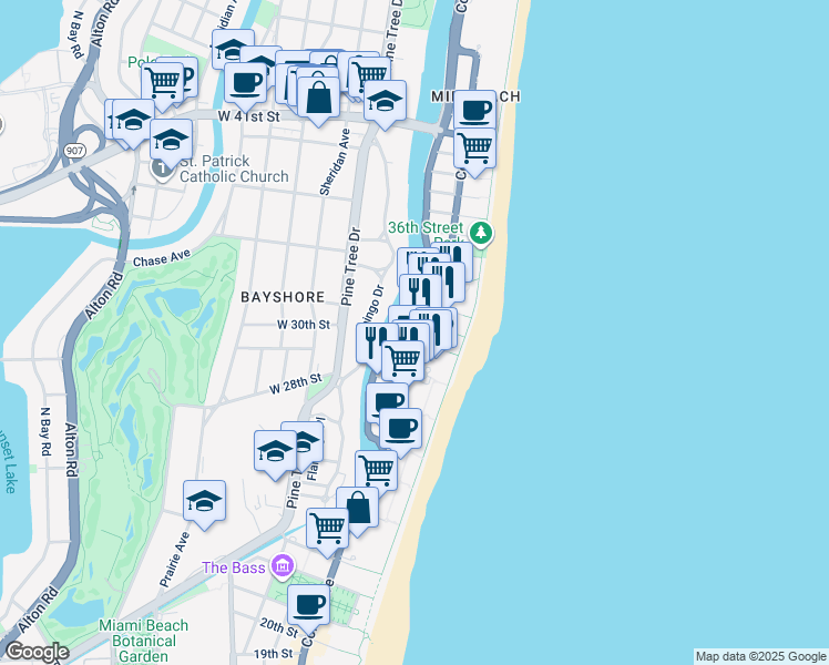 map of restaurants, bars, coffee shops, grocery stores, and more near 232 30th Street in Miami Beach