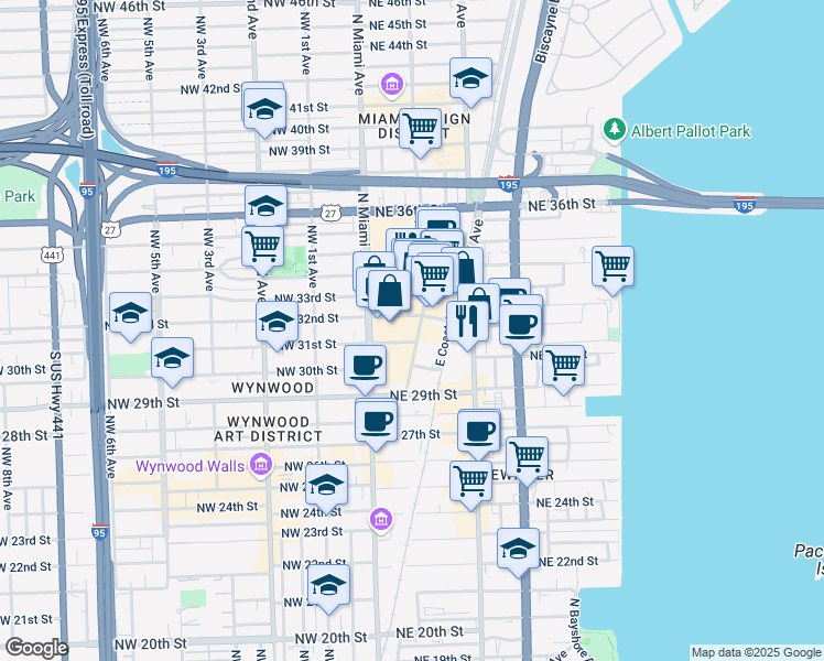 map of restaurants, bars, coffee shops, grocery stores, and more near 3131 Northeast 1st Avenue in Miami