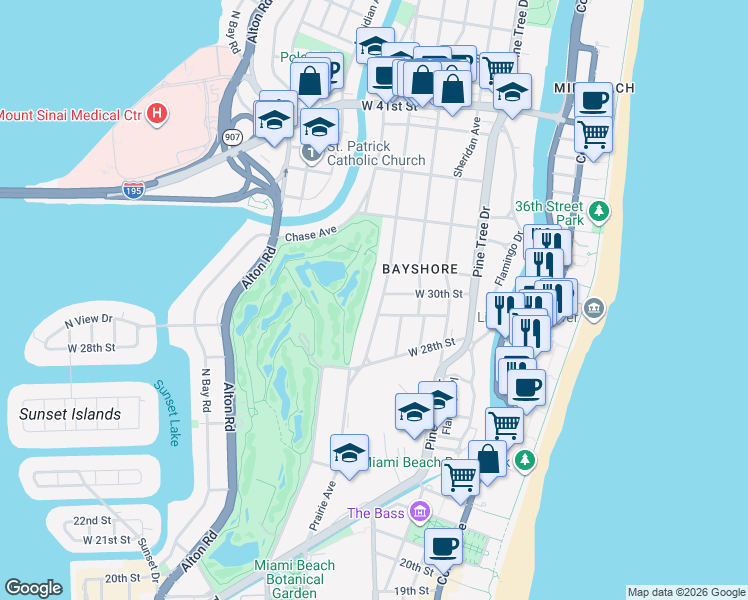 map of restaurants, bars, coffee shops, grocery stores, and more near 2915 Prairie Avenue in Miami Beach