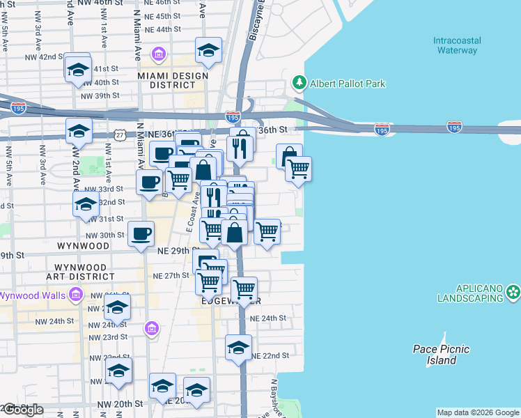 map of restaurants, bars, coffee shops, grocery stores, and more near 3055 Northeast 4th Avenue in Miami