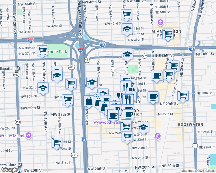 map of restaurants, bars, coffee shops, grocery stores, and more near 321 Northwest 31st Street in Miami