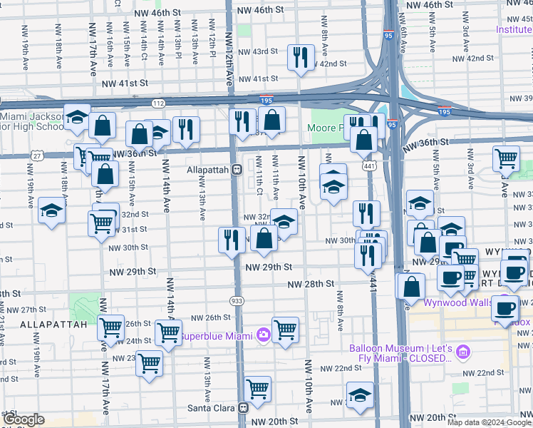 map of restaurants, bars, coffee shops, grocery stores, and more near 1119 Northwest 31st Street in Miami
