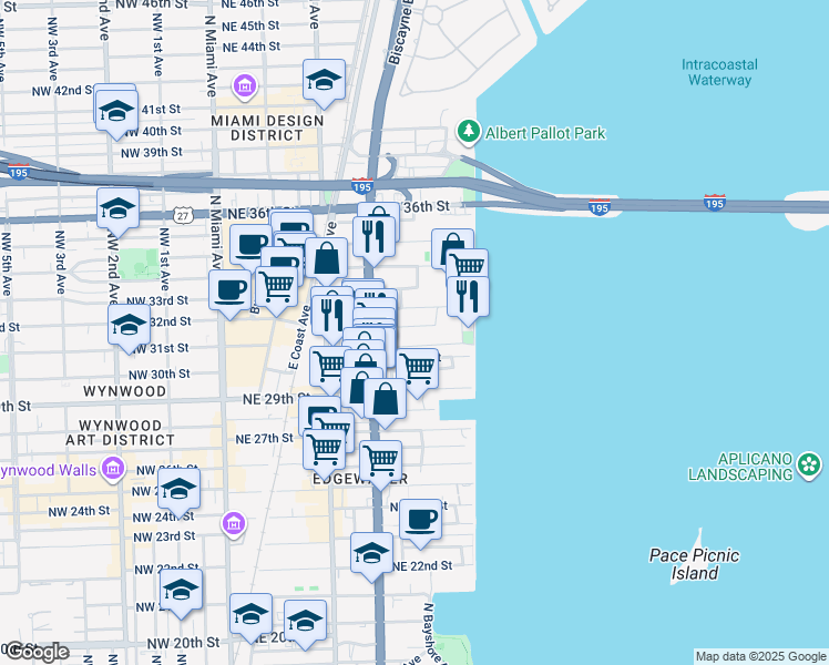map of restaurants, bars, coffee shops, grocery stores, and more near 452 Northeast 31st Street in Miami