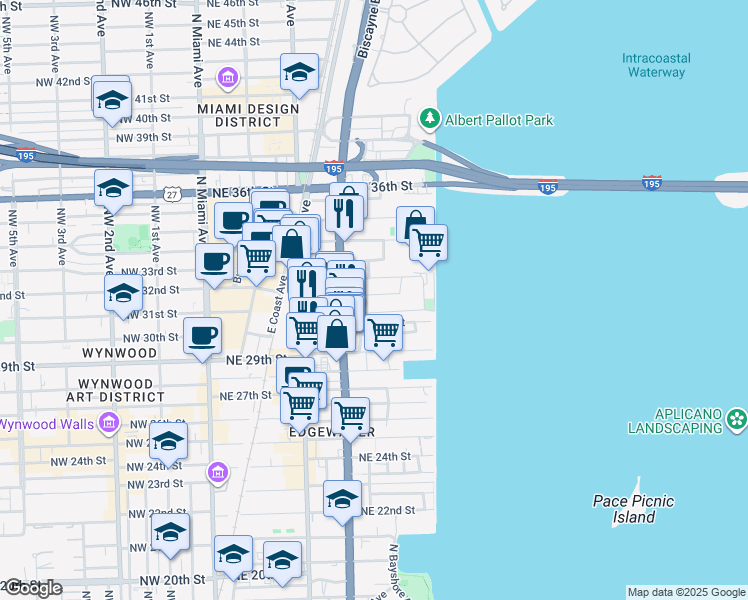 map of restaurants, bars, coffee shops, grocery stores, and more near 3055 Northeast 4th Avenue in Miami