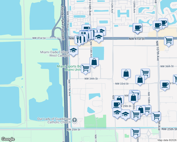 map of restaurants, bars, coffee shops, grocery stores, and more near 11439 Northwest 34th Street in Doral