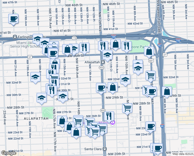 map of restaurants, bars, coffee shops, grocery stores, and more near 1277 Northwest 31st Street in Miami