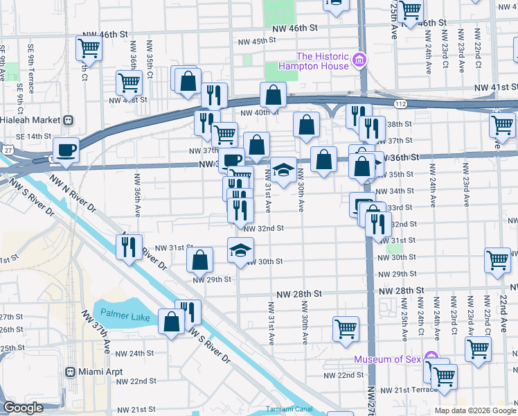 map of restaurants, bars, coffee shops, grocery stores, and more near 3131 Northwest 33rd Street in Miami