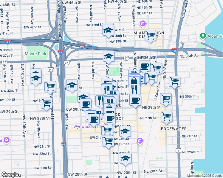 map of restaurants, bars, coffee shops, grocery stores, and more near 175 Northwest 31st Street in Miami