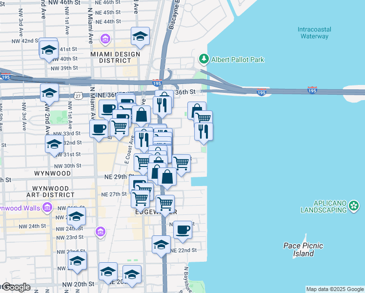 map of restaurants, bars, coffee shops, grocery stores, and more near 480 Northeast 31st Street in Miami