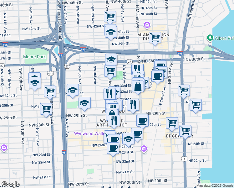 map of restaurants, bars, coffee shops, grocery stores, and more near 175 Northwest 31st Street in Miami