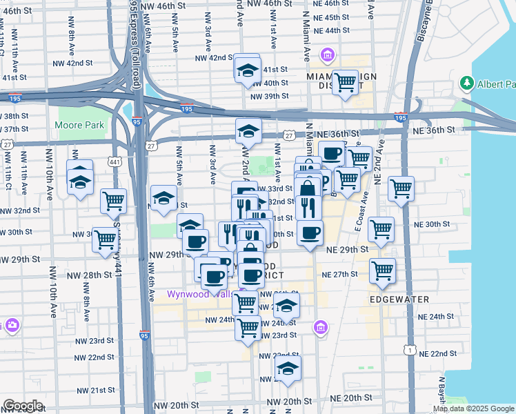 map of restaurants, bars, coffee shops, grocery stores, and more near 175 Northwest 31st Street in Miami