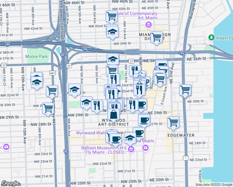 map of restaurants, bars, coffee shops, grocery stores, and more near 175 Northwest 31st Street in Miami
