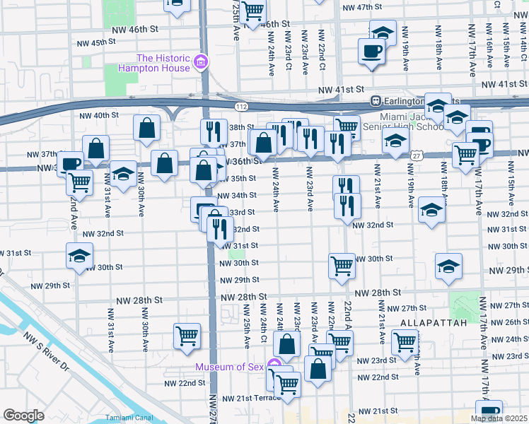 map of restaurants, bars, coffee shops, grocery stores, and more near 2420 Northwest 33rd Street in Miami
