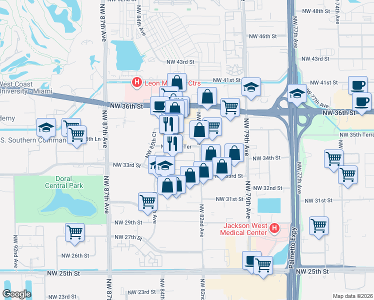map of restaurants, bars, coffee shops, grocery stores, and more near 8272 Northwest 34th Street in Doral