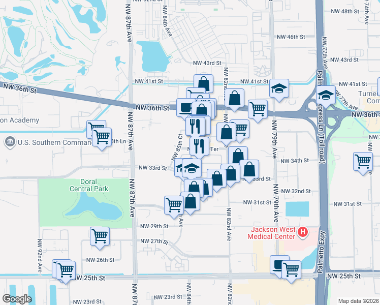 map of restaurants, bars, coffee shops, grocery stores, and more near 3384 Northwest 84th Avenue in Miami