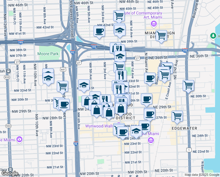 map of restaurants, bars, coffee shops, grocery stores, and more near 261 Northwest 31st Street in Miami