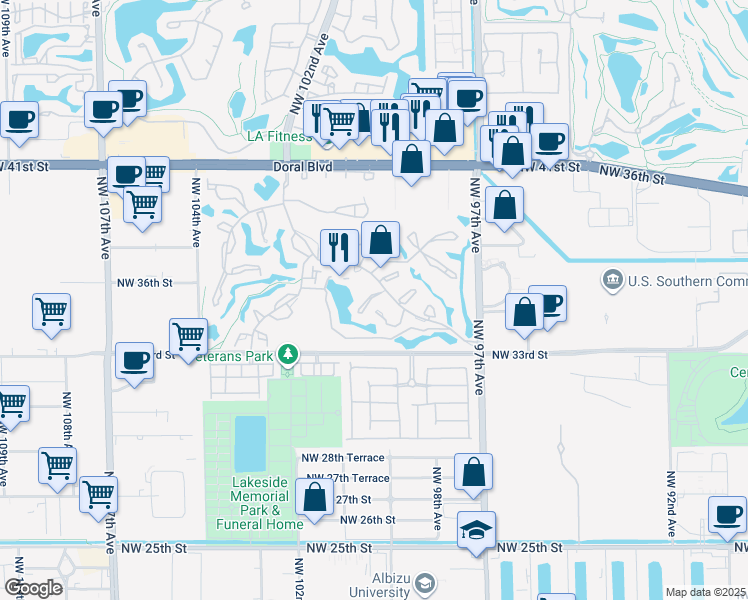 map of restaurants, bars, coffee shops, grocery stores, and more near 9930 Costa Del Sol Boulevard in Doral