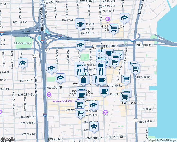 map of restaurants, bars, coffee shops, grocery stores, and more near 105 Northwest 31st Street in Miami