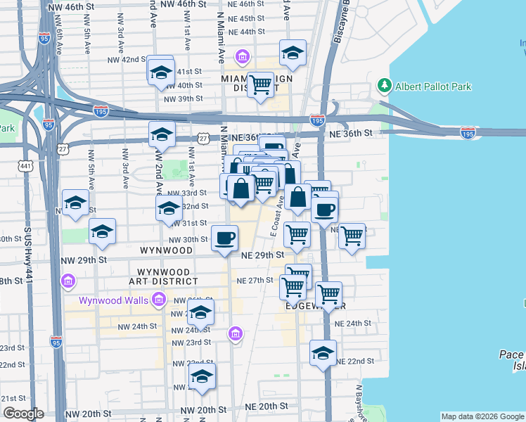 map of restaurants, bars, coffee shops, grocery stores, and more near 3131 Northeast 1st Avenue in Miami