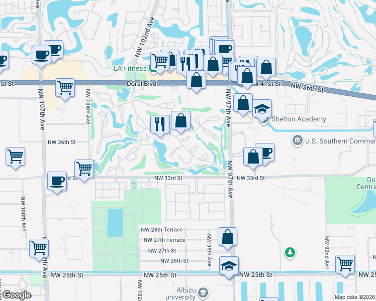 map of restaurants, bars, coffee shops, grocery stores, and more near 9836 Costa Del Sol Boulevard in Doral