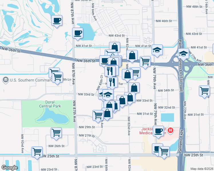 map of restaurants, bars, coffee shops, grocery stores, and more near 3384 Northwest 84th Avenue in Miami