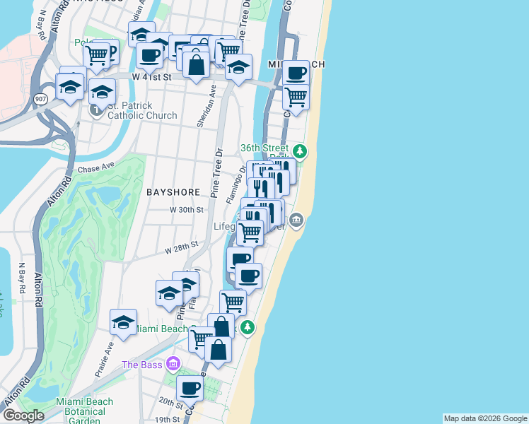 map of restaurants, bars, coffee shops, grocery stores, and more near 3025 Collins Avenue in Miami Beach