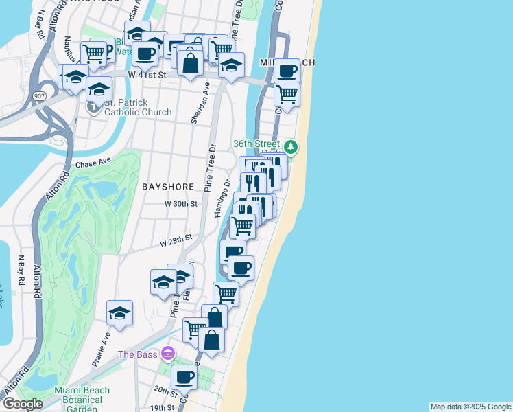 map of restaurants, bars, coffee shops, grocery stores, and more near in Miami Beach
