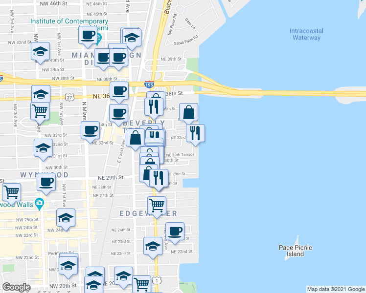 map of restaurants, bars, coffee shops, grocery stores, and more near 480 Northeast 31st Street in Miami