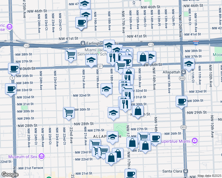 map of restaurants, bars, coffee shops, grocery stores, and more near 3200 Northwest 18th Avenue in Miami