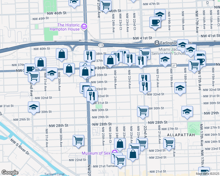 map of restaurants, bars, coffee shops, grocery stores, and more near 2420 Northwest 33rd Street in Miami
