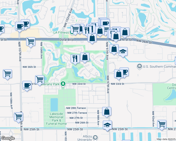 map of restaurants, bars, coffee shops, grocery stores, and more near 9836 Costa Del Sol Boulevard in Doral