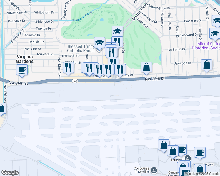 map of restaurants, bars, coffee shops, grocery stores, and more near 5700 Northwest 36th Street in Miami