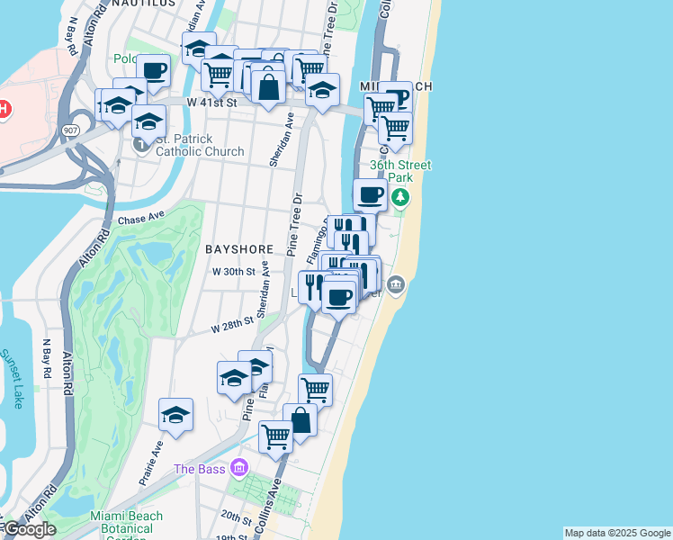 map of restaurants, bars, coffee shops, grocery stores, and more near 232 30th Street in Miami Beach