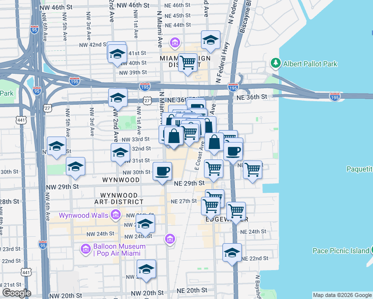 map of restaurants, bars, coffee shops, grocery stores, and more near 3131 Northeast 1st Avenue in Miami